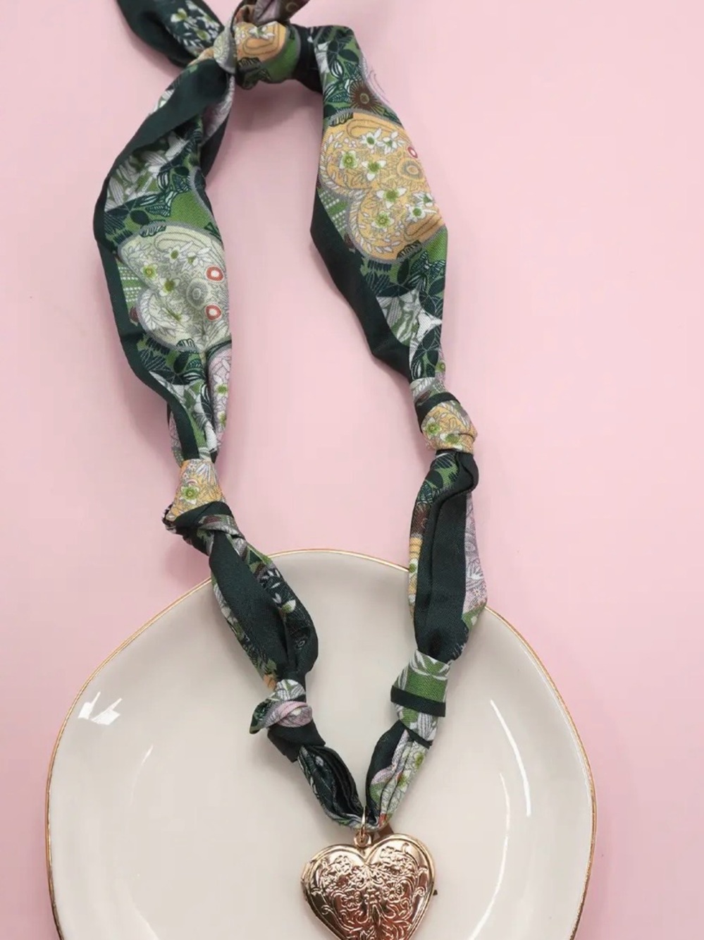 Silk-Style Green Floral Scarf Necklace with Gold Heart Locket